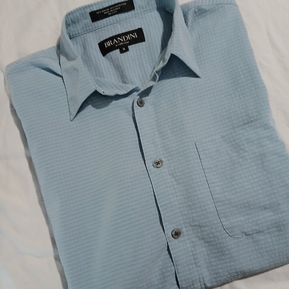 Brandini Men's Medium Powder Blue HSort-Sleeved Button-Up Shirt Seersucker